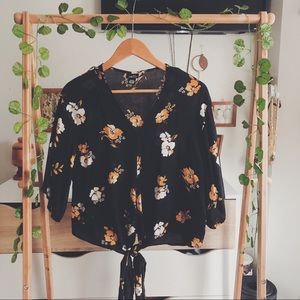 Rue21 Black Floral Tie Front Blouse - Size Small